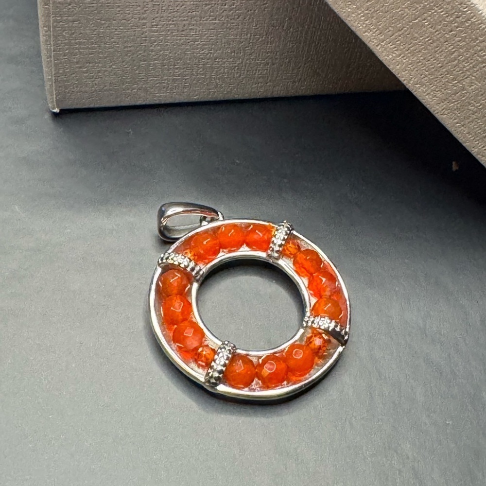 Carnelian Circle Pendant in Stainless Steel.